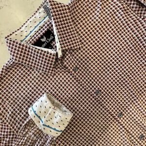 Butter Cloth Shirt Mens Large Flip Cuff Stretch Button Up Red Blue Buttercloth